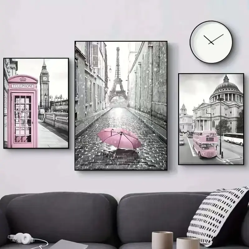 3pcs Modern Art Canvas Poster Print Eiffel Tower Girl Bedroom Frameless Artistic Indoor Decoration Light Pink Paris Theme French Print Wall Art Living Room Corridor Mural