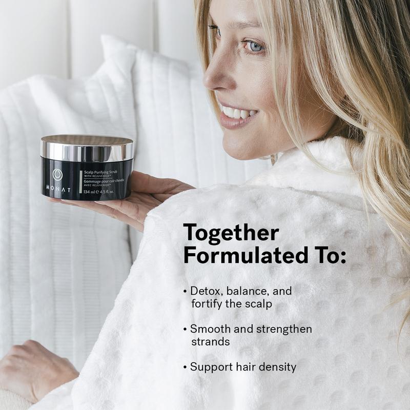 Scalp Care System. MONAT IR Clinical Hair Thinning Defense Serum + Purifying Vinegar Rinse & Scalp Scrub