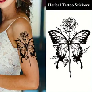 1 piece of waterproof and durable butterfly and rose temporary tattoo sticker - realistic black and white tattoo