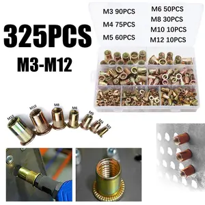 325pcs Boxed Galvanized Rivet Nuts Set M4/m5/m6/m8/m10/m12, Durable Fasteners for Various Applications, Essential Hardware Kit