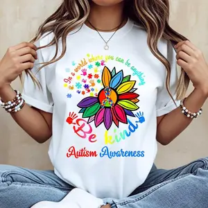 Autism Awareness Flower With Rainbow Puzzle Pieces And Be Kind Text Print T Shirt Crew Neck Casual Wear For Autism Support And Awareness