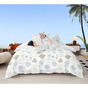 Coastal Duvet Cover Set Seashell Conch Seahorse Starfish Coral Bedding Set,Ocean Beach Comforter Cover for Kids Teens Adult Room Decor,Light Blue Beige White Quilt Cover