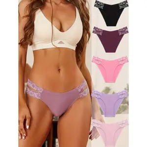 5pcs Lace Stitching Briefs, Comfy & Breathable Hollow Out Low Waist Panties, Women's Lingerie & Underwear Fabric Womenswear Elegant Chic Print