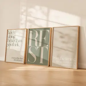 Sage Green Bedroom Wall Art Set of 3, Rest Quote Prints, Neutral Bedroom Decor, Minimalist Affirmation Wall Art, Calm Living Room Prints