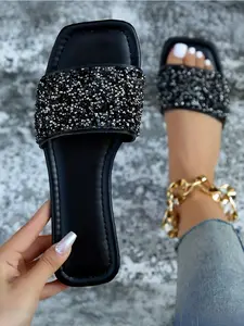 2026 Sparkling Square Toe Sandals, Rhinestone Decor, Comfortable Flat Sole, Non-Slip, Lightweight, Perfect for Parties and Casual Wear