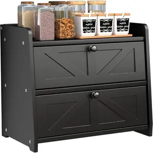 Bread Box for Countertop, Layer Wooden Breadbox, Large Capacity Bread Bin, Homemade Bread Container, Farmhouse Breadbox Organizer, Black