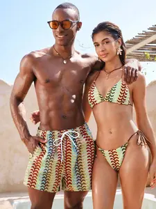 COUPLE VIBES Men and Women Matching Swim Wear Red Striped Beach Shorts for Couples Matching Swimwear and High-Search Summer Vacation Outfit for Resort Travel