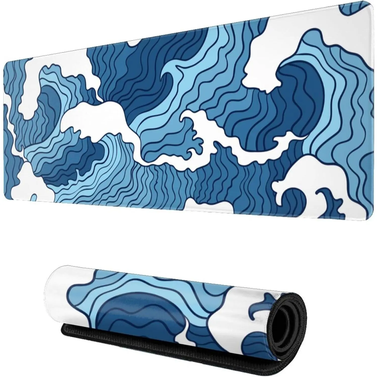 Japanese Blue and White Wave Gaming Mouse Pad XL, Non Slip Rubber Base Mousepad, Stitched Edges Desk Pad, Extended Large Mice Pad,24 X 14 Inch