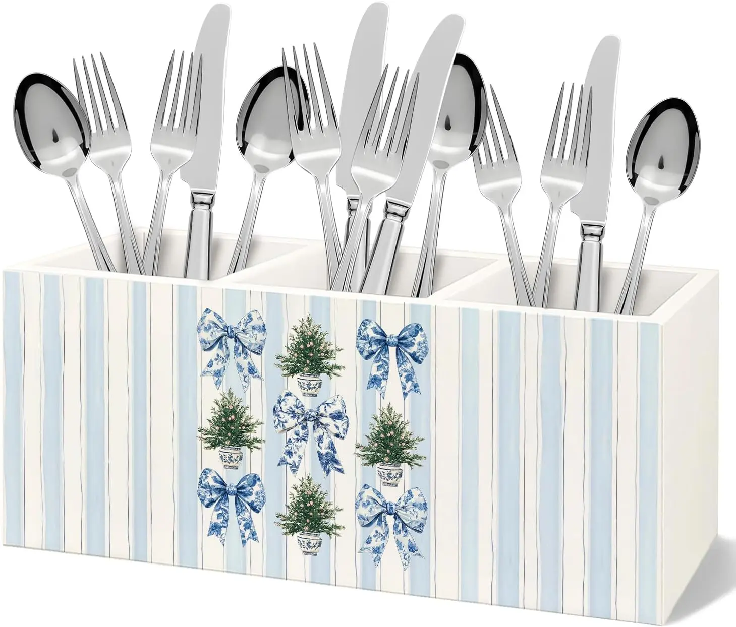 Chinoiserie Christmas Kitchen Utensil Holder with 3 Compartments, Grandmillennial Coquette Blue Bow Xmas Tree Wooden Utensil Organizer for Kitchen Countertop Shelf Table Decor