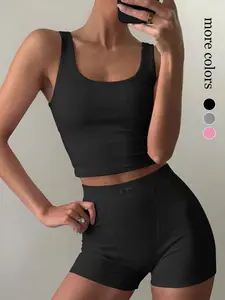 Women's Two-Piece Seamless Ribbed Crop Top & High-Waisted Shorts Athletic Set, Yoga, Activewear Set, Fitted, Organic Textile, All Seasons