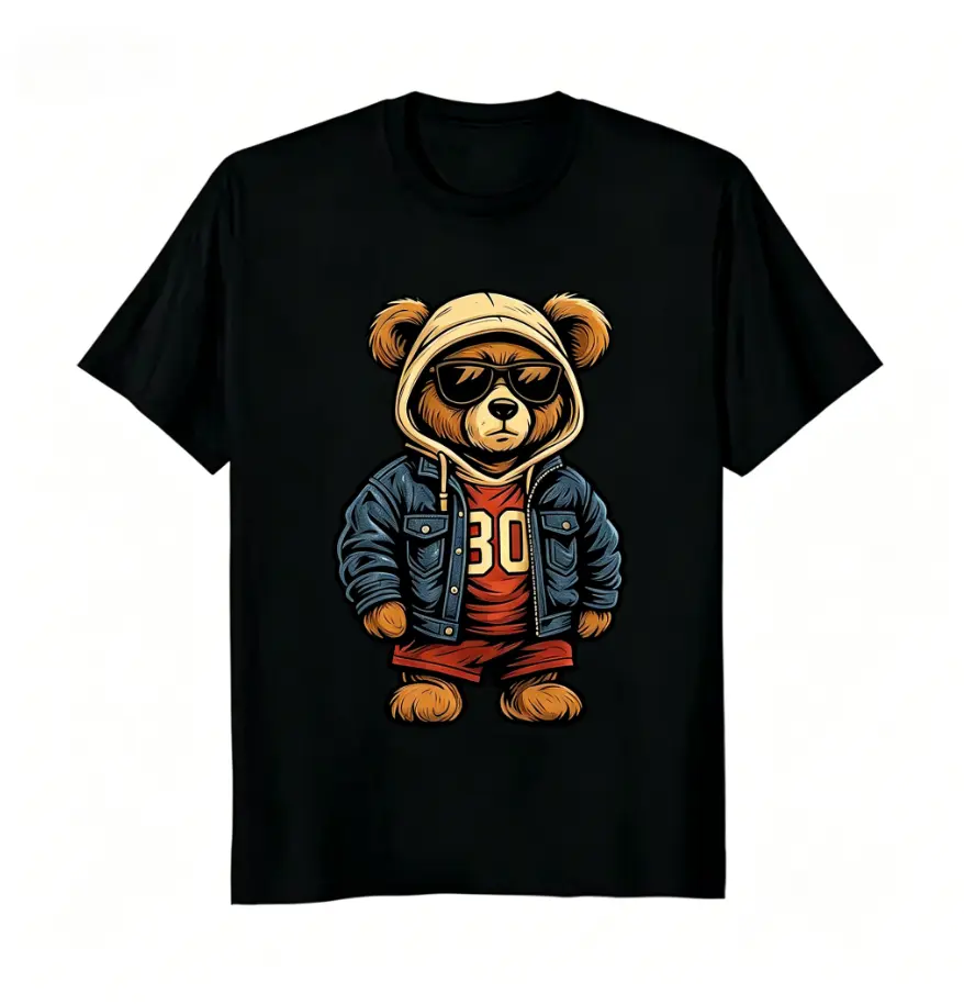 Women's Casual Short-Sleeve Fashion Streetwear T-Shirt, Cool Hooded Sunglasses & Hip Hop Teddy Bear 30 Number Retro Unisex Urban 100% Cotton Tee, Shortsleeve