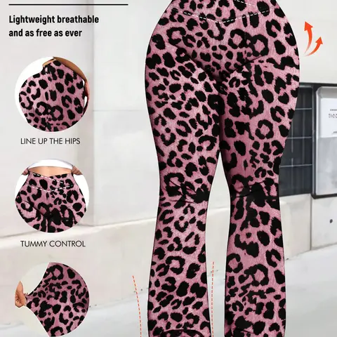 Plus Size High Waist Leopard Print Flared Trousers, Elastic Slim Fit Yoga Pants, Sporty Casual Wide Leg Pants for All Seasons, Athleisure Style Pants