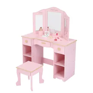 Garvee Girls Vanity Table and Chair Set with Tri-Fold Mirror, Wooden Princess Dressing Table with Drawer, Open Shelves, 3 Drawers & Large Storage, Toddler Makeup Desk for Ages 3-9, Pink