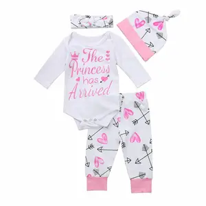 Newborn Baby Girl 4Pcs Outfit Long Sleeve Letter Romper Bodysuit Tops Heart Arrow Print Trouser Leggings Hat Headband Spring Warm Clothes