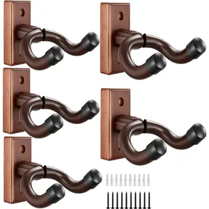 5 Pack Guitar Wall Mount Brown Hardwood Guitar Wall Hanger with Screws, Wall Hook Holder Stand for Acoustic Guitar, Electric Guitar, Banjo, Bass