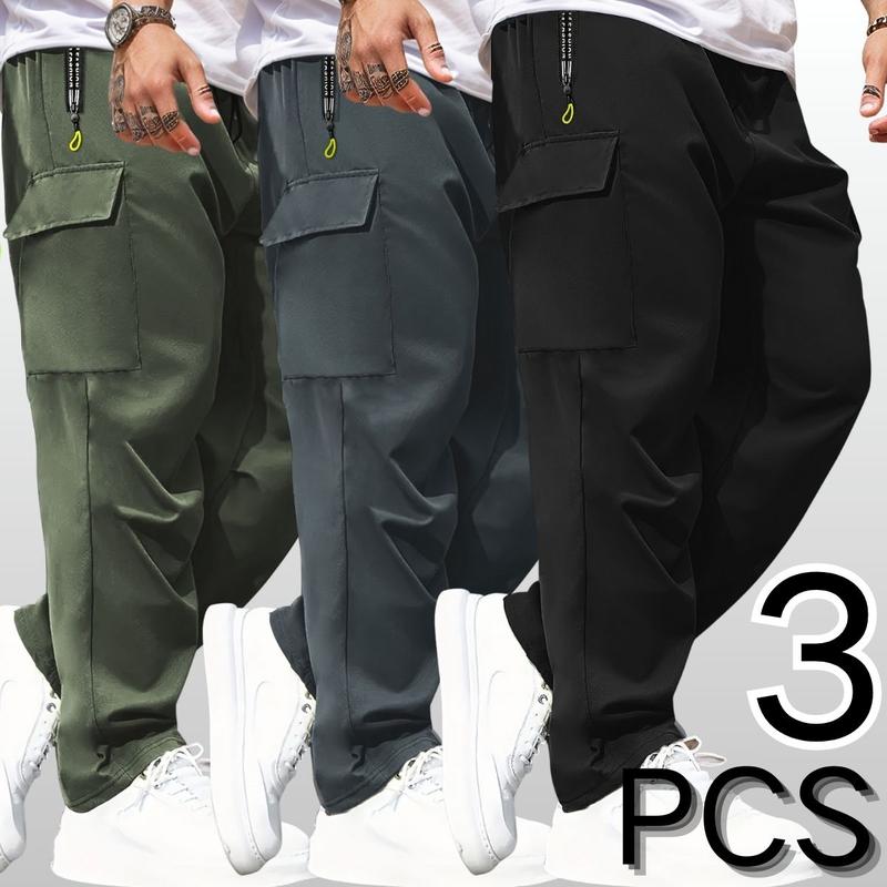 Men's 3-Pack Lightweight Cargo Pants with Elastic Drawstring Waist Zipper Pockets & Large Patch Pockets Comfortable Breathable for Outdoor & Daily Casual Wear - Fabric Menswear Activewear