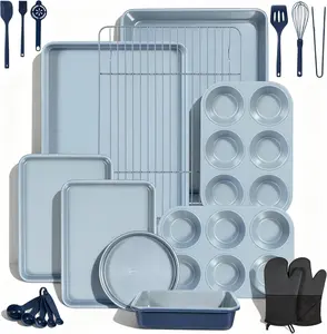22-Piece Stackable Non-Stick Non Toxic Baking Pans Set, Includes Roasting Pan, Cookie Sheets, Muffin Pans, Cake Pans, Oven Mitts and Utensils for Oven Baking, Gray & Navy Blue
