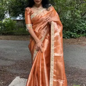 Banarsi Women's Tissue Saree with Ready Indian Wedding Saree Fall Pico Design Dress for Women Not Stitched No Blouse Included