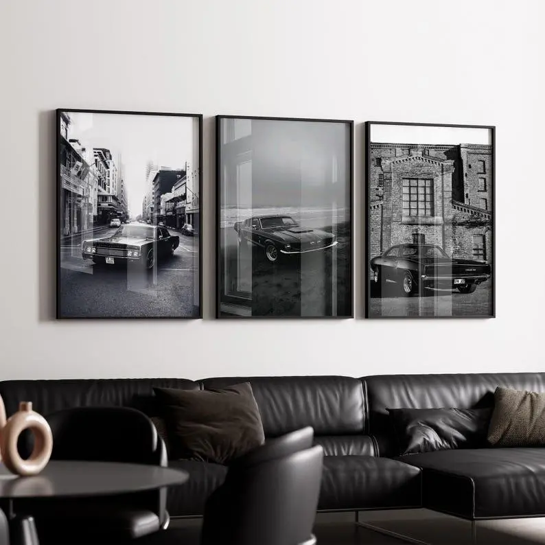 Classic Muscle Car Wall Art Set of 3, Vintage Automotive Noir Prints, Mustang Charger Continental Poster, Industrial Car Decor,  Art #238