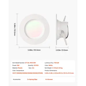 VEVOR 10 Pack LED Recessed Lighting, 4 Inches, Retrofit Can Lights, 750 LM 9W 120V, Selectable 5CCT 2700K/3000K/3500K/4000K/5000K, 10 to 100 Dimmable, Compatible with E26 Base and TP24 Connector