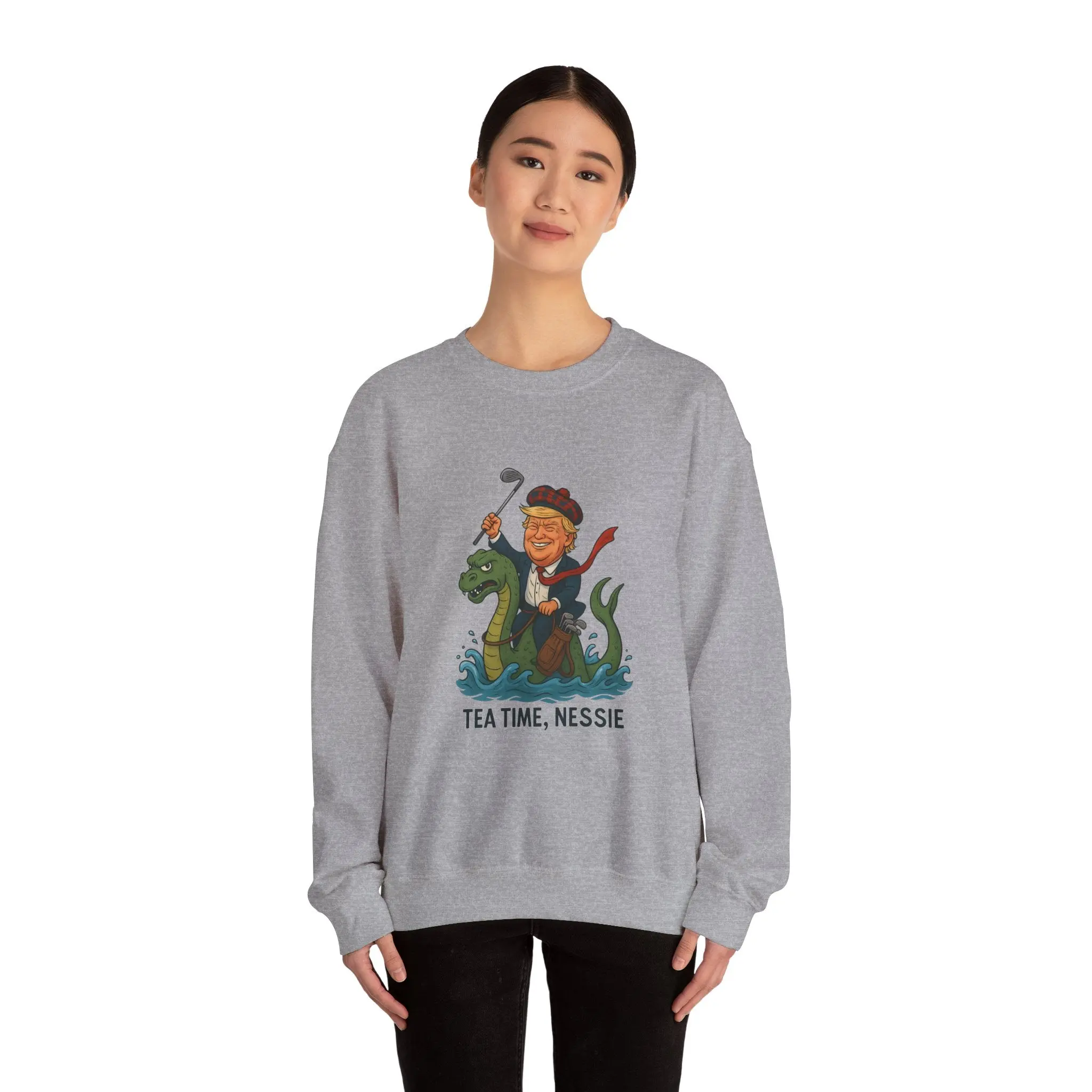 Funny Graphic Sweatshirt, Tea Time Nessie Crewneck, Gift for anyone, Quirky Lifestyle Apparel, Unisex Humor Clothing