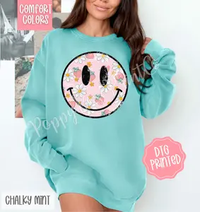 Strawberry Smiley Comfort Colors Sweatshirt, Cute Floral Smiley Face Sweater, Trendy Summer Crewneck, Gift for Her