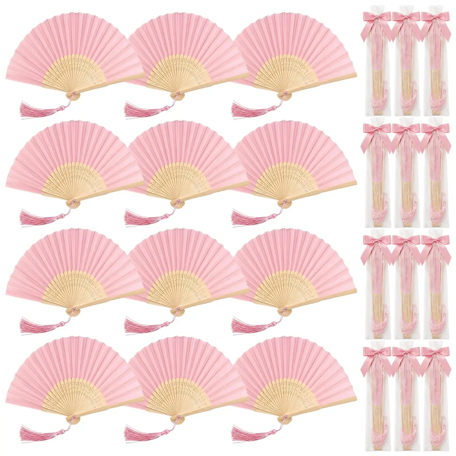 Pink Lightweight Handheld Folding Fans Pack (48 Pcs/12 Sets) with Satin Pre-Tied Ribbon Bows, Twist Ties, Tassels & Organza Bags, DIY Wedding Favors Kit for Bridal Shower Guests (Decor, Photo Use, Assembly Required)