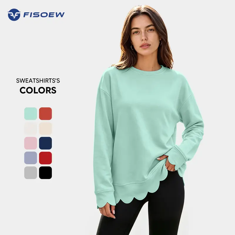 Fisoew Women's Feminine Minimalist Casual Knit Sweatshirt - Air-Layer Fabric, Long Sleeves, Round Neck, Oversized Tunic, Wavy Scallop Hem & Cuff, Loose Fit, Light Vintage Heather, Fall Layering Pullover for Everyday Women's Fashion,sohochic