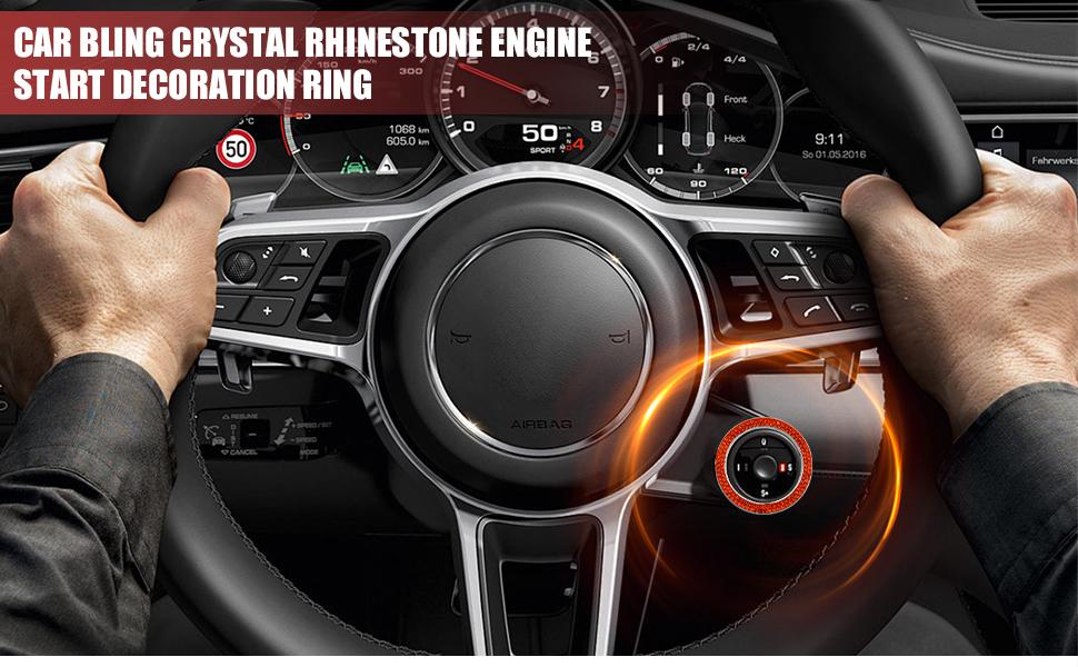 Car Bling Crystal Rhinestone Engine Start Decoration Ring, Sparkling Push Start Button Sticker, Key Ignition & Knob Ring Decoration, Bling Car Interior Accessories for Women (Black)