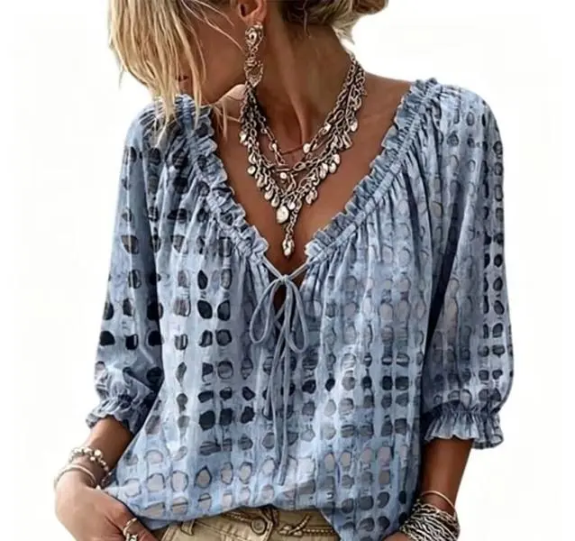 Women's V-Neck Print Blouse, Drawstring Ruffle Top Women's V-Neck Print Blouse, Drawstring Ruffle Top
