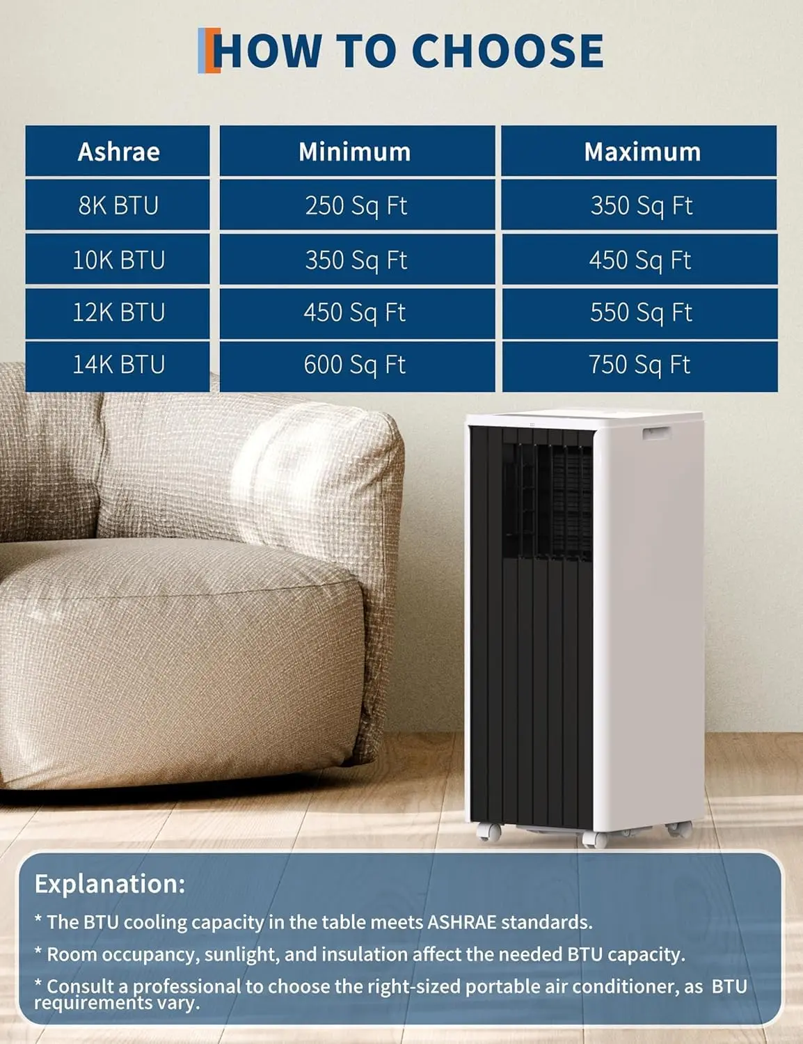 Gaomon 8000 BTU Portable Air Conditioner with Black Top, Remote Control, Dehumidifier, Fan, Auto Swing, Solar-Powered Cooling for 350 Sq Ft Rooms