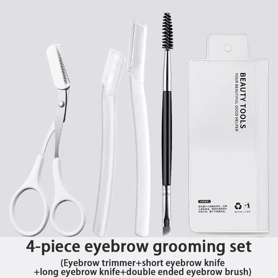 4-Piece Eyebrow Grooming Kit, Beauty Tool Set, Includes Brow Comb Scissors, Long & Short Stainless Brow Trimmer, Dual-Ended Brush, Beginner-Friendly Brow Care Tools