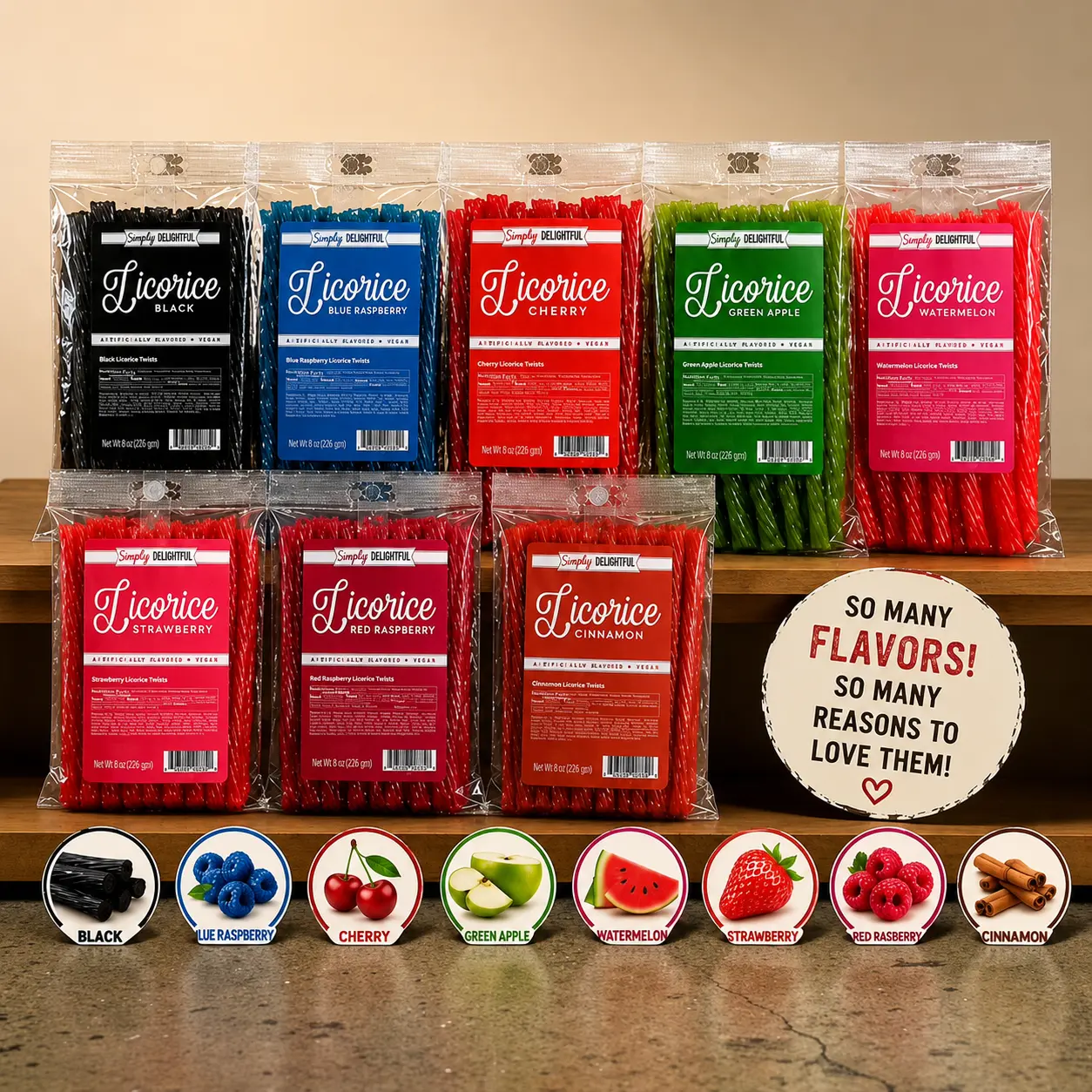 Simply Delightful Gourmet Licorice Twists  – 8 Flavors, Soft Chewy Vegan Licorice Candy, Black, Blue Raspberry, Cherry, Green Apple, Watermelon, Strawberry, Red Raspberry & Cinnamon  Candy Snack
