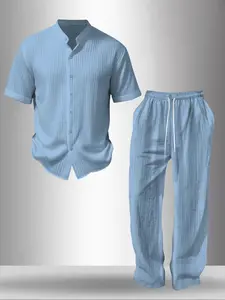 Men's Casual Set, Outfit, Short Sleeve Round Neck Plain Shirt & Elastic Waist Pants, Comfortable Fabric, Perfect for Spring & Summer