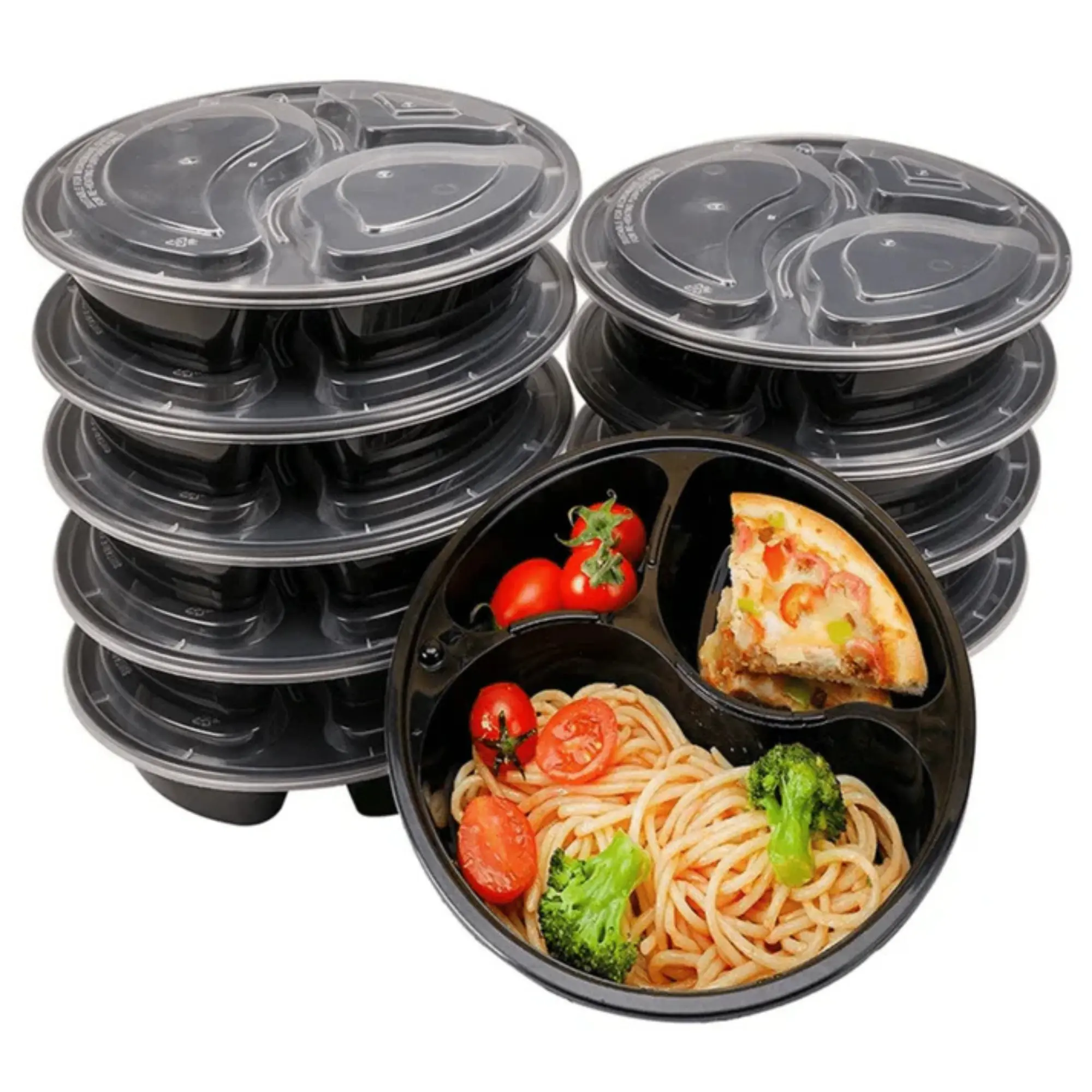 VeZee 48oz Meal Prep Round 3 Compartment Food Storage Containers with Clear Lids, BPA Free Plastic Meal Prep Bowls, Leak Resistant, Microwave Freezer Dishwasher Safe, Reusable Lunch Container. (Pack of 50)