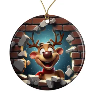 Reindeer Cartoon Ceramic Ornament - Breakthrough 3D Effect Burst Illusion Kids Ornament - 3 Inch Christmas Tree Round Ornament - Xmas Holiday Decor - String Included - ORNW0050