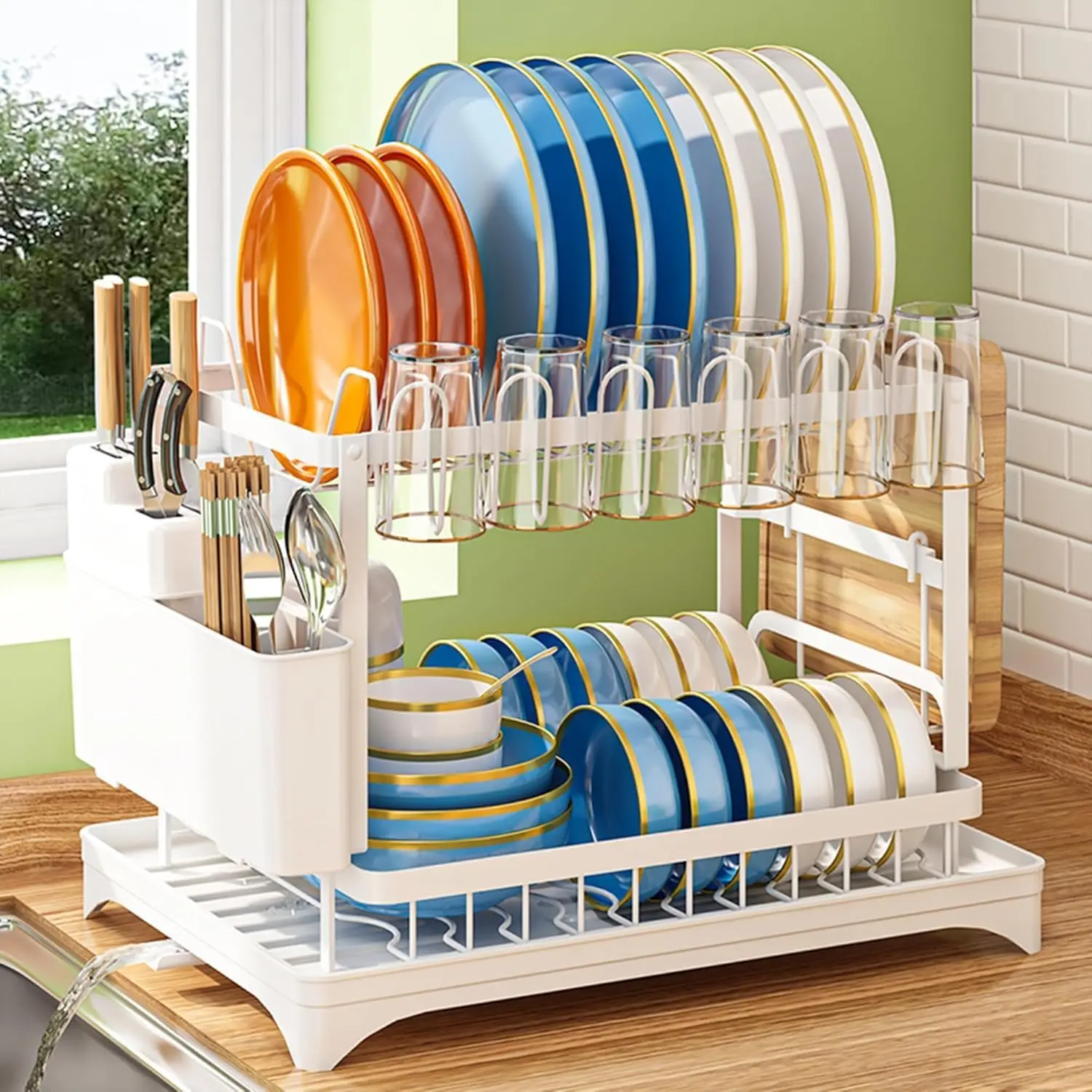 2-Tier Dish Drying Rack with Drainboard, Sink & Countertop Metal Dish Rack Organizer, Dish Drainers for Kitchen Counter