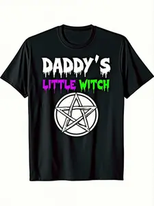 Men'S Halloween T-Shirt - Daddy'S Little Witch Graphic Tee with Dripping Lettering & Pentagram, Black Retro Y2K Streetwear Shirt, 100% Cotton Regular Fit Costume Party Outfit for Halloween, Christmas, Everyday Gothic Clothing - Edgy Vintage Graphic Tee fo