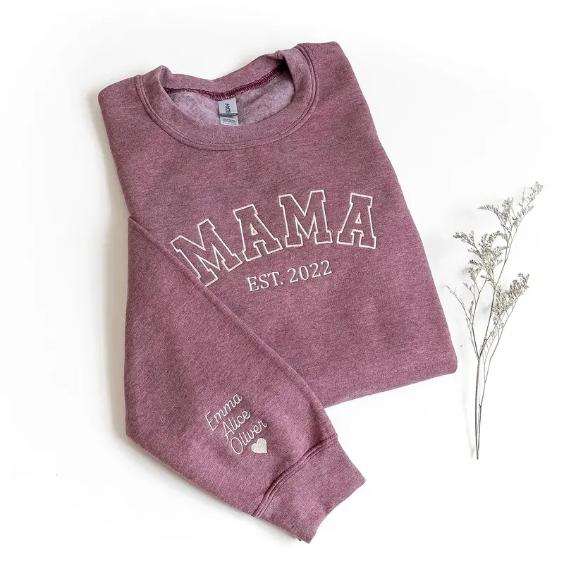 Custom Embroidered Mama Sweatshirt, Personalized Mom Sweatshirt With Names on Sleeve, Gift For Mom, Mothers Day Gift, Pregnancy Announcement
