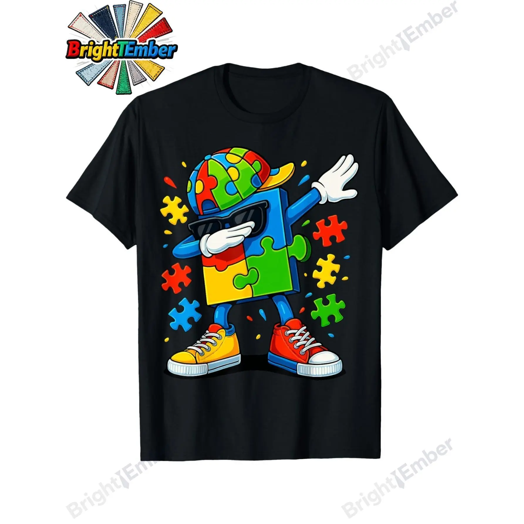 Men's Graphic Round Neck Tee, Autism Awareness Dabbing Puzzle Design, 100% Cotton Short Sleeve Fade Resistant Casual Top
