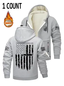 Men's Fleece Lined Zipper Hoodie Jacket, Hot Trending Hoodies, Casual Streetwear Hoodie, Graphic Print Hoodie, Flag Print Design, Soft Comfortable Fabric, Casual Fashion Outerwear for Fall & Winter Seasons