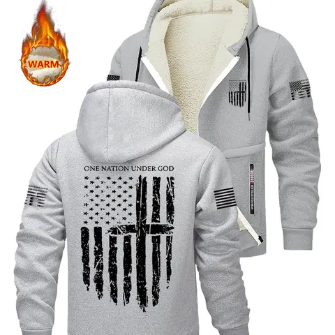 Men's Warm Fleece Lined Zipper Jacket, Flag Print Design, Graphic Hoodies, Fashionable Thermal Outerwear, Casual Style, Fall & Winter Wear, Printed Hooded, Hoodie
