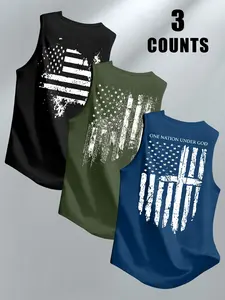 Men's Tactical Vest Set, Vintage American Flag Graphic Tee, Round Neck Sleeveless Top, Military Enthusiasts Choice, Casual Fitted Style