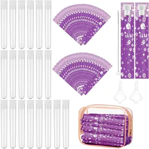 64 Pcs Tampon Flasks Set Includes 20 Reusable Plastic Flasks, 40 Self Adhesive Wrappers, 2 Funnels, Clear Storage Bag, Clean Brush for Cruise Event, Concert, Outdoor Sports (Purple)