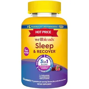 Wellblends Sleep and Recover, Sleep Aid with Melatonin 3mg to Support Restful Sleep, plus L theanine 200mg and Magnesium Citrate, 44 Gummies, gift for him and her, mother dad lover gift