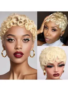 180% density, real human hair, fully machine-made, African curly pixie cut, #613 color, Brazilian virgin hair, entirely hand-woven, suitable for daily wear for women, Human Hair Wigs, Afro Curly Wig