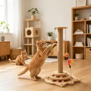 Raybee Cat Scratching Post with 3-Level Solid Wood Turntable Base & 2 Tracks of Playing Balls