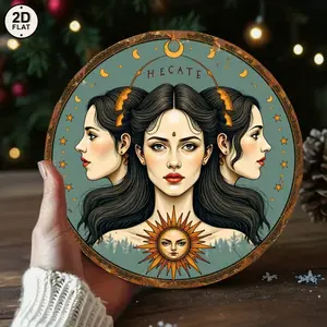 1pcs Vintage 2D Flat Round Aluminium Tin Sign, Teal Background with Triple Goddess Hecate, Moon Phases, Stars & Sun Symbols, Home Bedroom Witchcraft Decor, 8x8in Wall Plaque