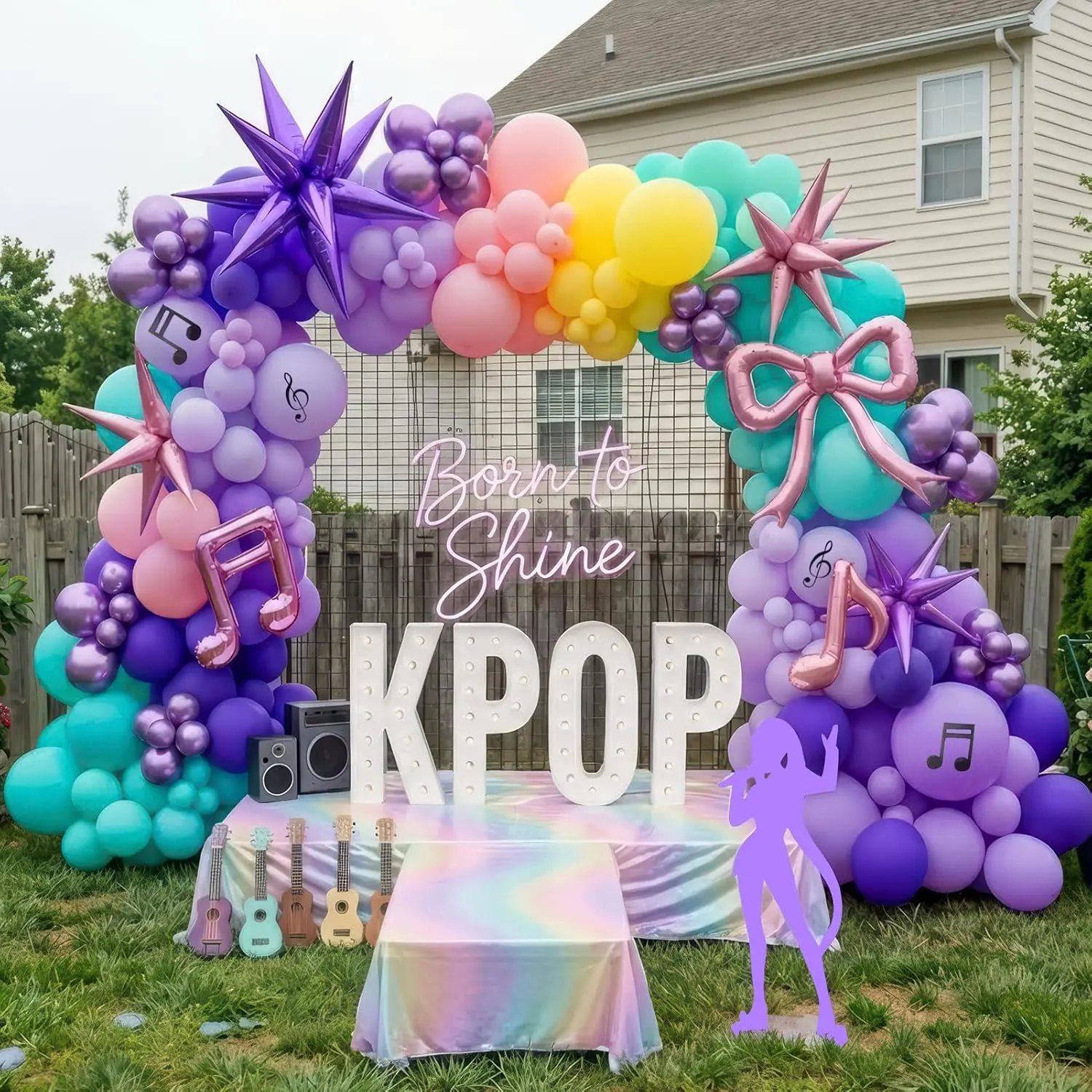 Purple & Pink Balloon Arch Kit with Bow & Star Mylar Balloons for Kpop, Concert & Prom Party