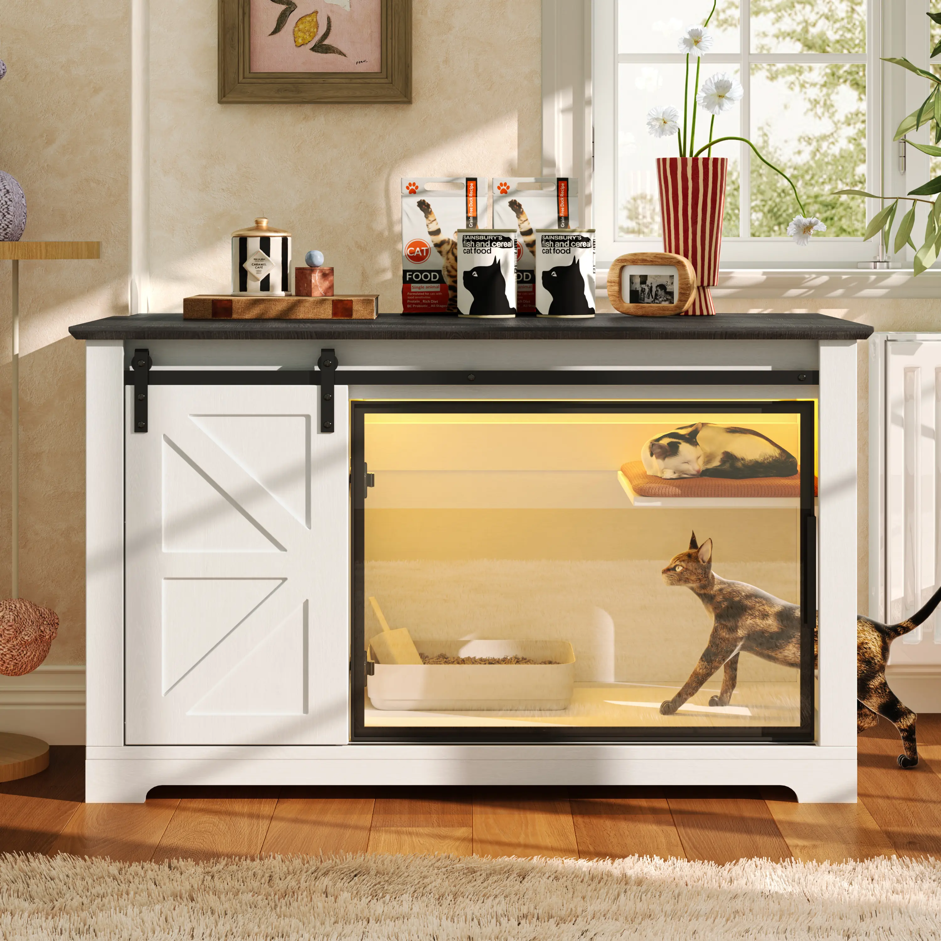 Farmhouse Style 46" White Cat Litter Box Enclosure - Sliding Barn Doors, Hidden Acrylic Door, LED Light, Storage Cabinet, Privacy-Enhancing, Easy Assembly, Odor Control, Pet Washroom Nightstand Furniture, 29.5" x 20" Dimensions